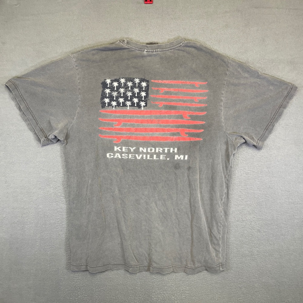 Vintage Key North Caseville MI USA Flag T-Shirt Y2K Faded Gray Mens Large